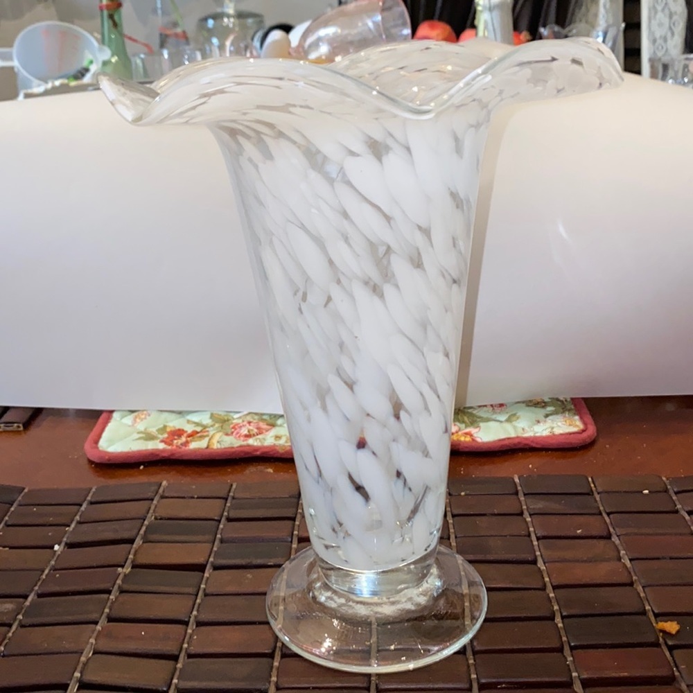 Hand browned glass clear and white flower vase